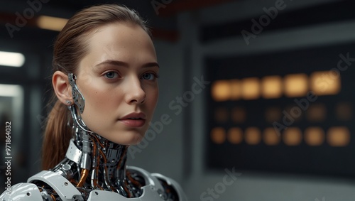 Futuristic android woman with mechanical features in a lab setting