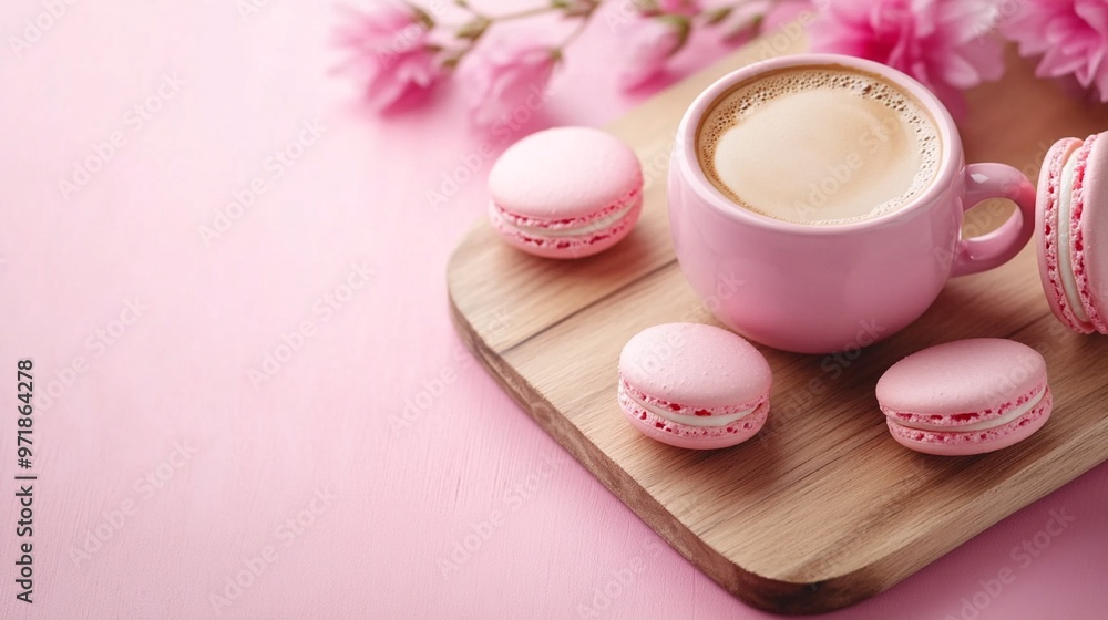 Delicate pink macarons and a frothy cappuccino in a pastel cup create a charming scene on a wooden board, with soft cherry blossoms in the background. Delicate pink macarons and a frothy cappuccino in a pastel cup create a charming scene on a wooden board, with soft cherry blossoms in the background.
