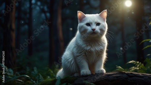 realistic illustration of a cute cat in the forest in night view