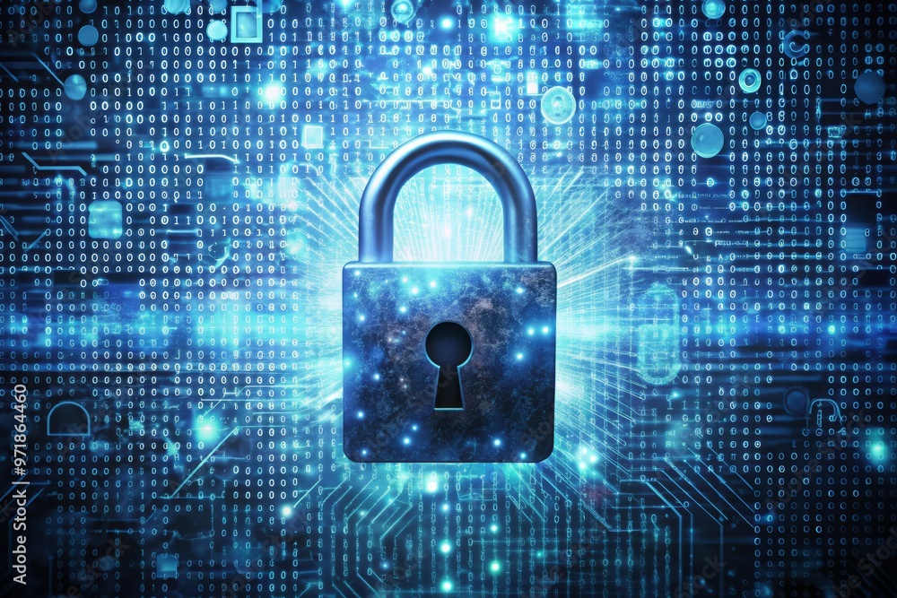 A stylized illustration of a padlock securing a confidential document, surrounded by cryptic coding and abstract A stylized illustration of a padlock securing a confidential document, surrounded by cryptic coding and abstract