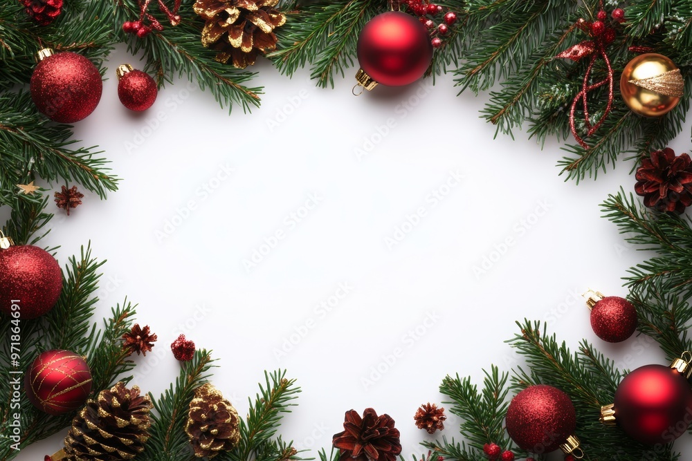 Festive Christmas border featuring ornaments and pine elements on a bright white background, enhancing holiday spirit and warmth Festive Christmas border featuring ornaments and pine elements on a bright white background, enhancing holiday spirit and warmth