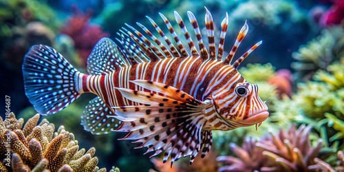 In the vibrant coral reef, a striped and spotted zebra turkeyfish glides effortlessly through the water, its scales photo