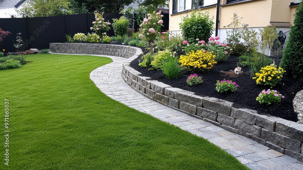 Stone Wall Pathway and Green Lawn in Backyard Garden Stone Wall Pathway and Green Lawn in Backyard Garden