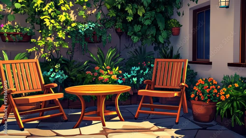 Two wooden chairs and a table in a patio, surrounded by lush greenery. Two wooden chairs and a table in a patio, surrounded by lush greenery.