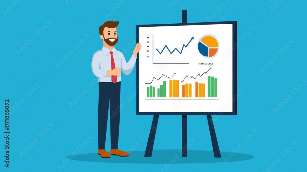 Businessman Presenting Growth Chart and Pie Chart on Whiteboard Businessman Presenting Growth Chart and Pie Chart on Whiteboard