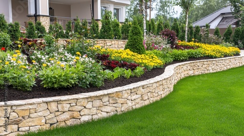 Stone Retaining Wall with Lush Greenery and Blooming Flowers in Garden Landscape
