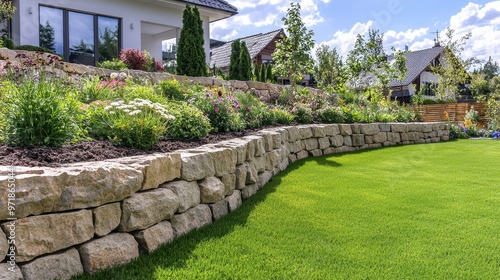 Stone Wall Retaining Wall Garden Landscape Design photo