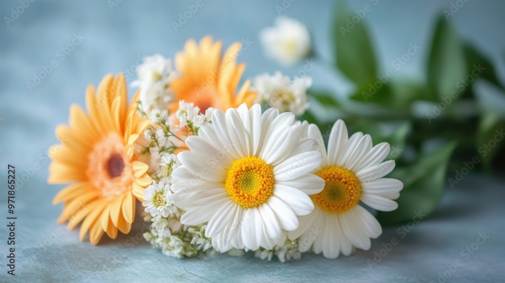 Fototapeta premium Close-up of a Delicate Bouquet of Daisies and Gerberas