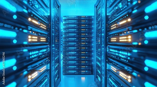 Server Room with Blue and Yellow Lights