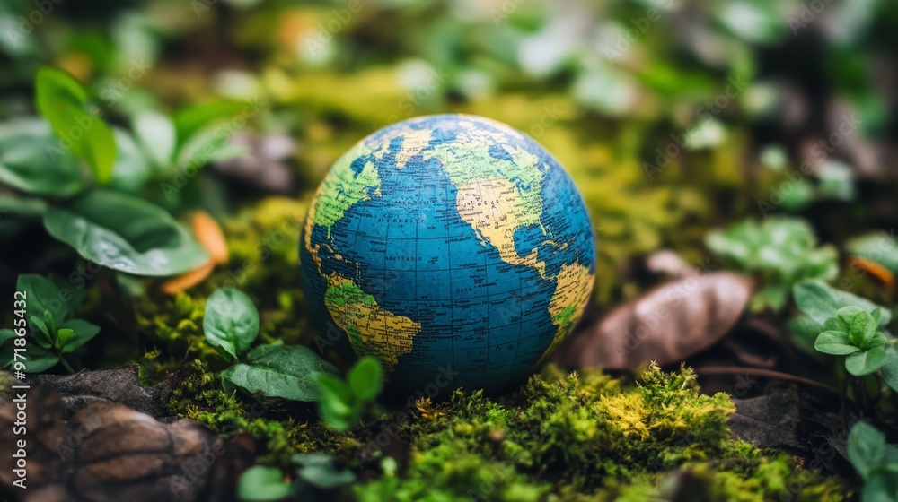 Earth Globe on Green Moss with Leaves Environmental Concept Earth Globe on Green Moss with Leaves Environmental Concept