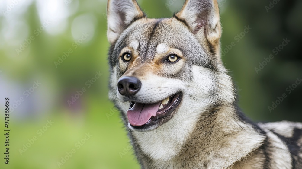 Fototapeta premium Close up Portrait of a Wolfdog with Green Blurred Background