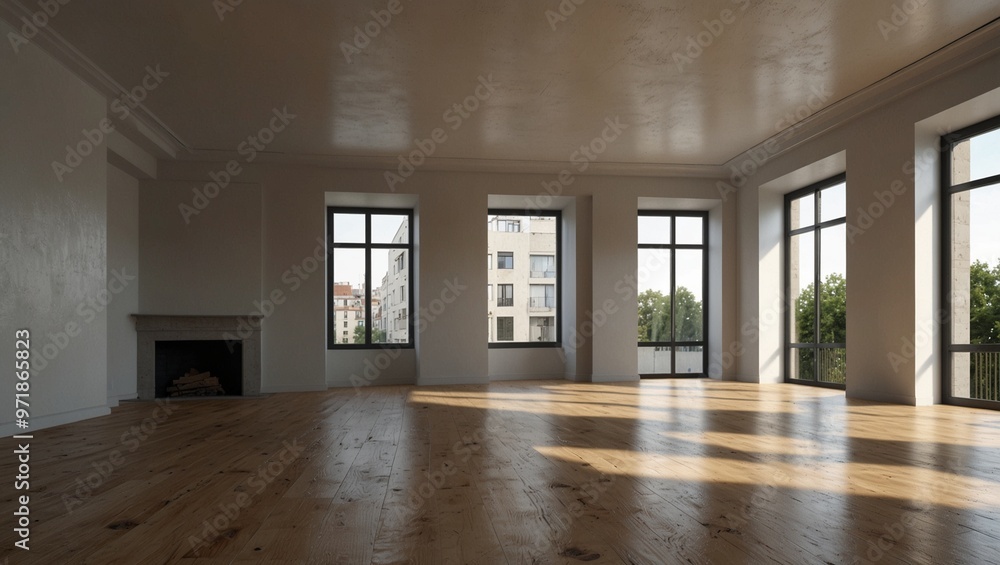 Empty spacious room with wooden floor and large windows in daylight. Empty spacious room with wooden floor and large windows in daylight.