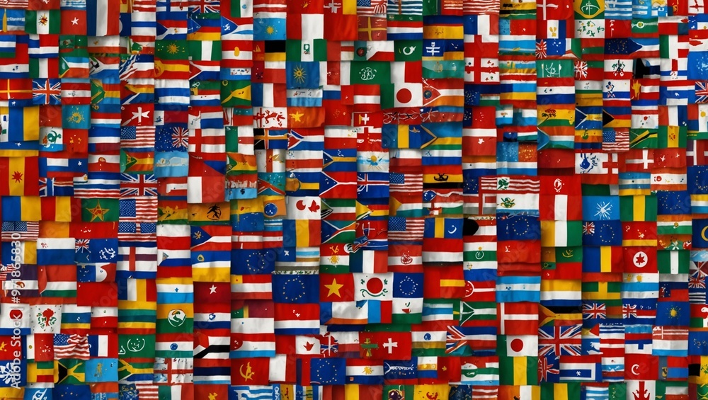 Collage of diverse world flags representing global unity and diversity.