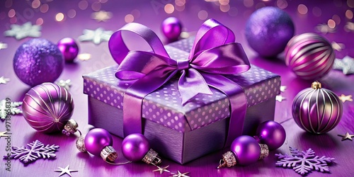 A festive purple gift box with a bow and ornaments, perfect for any occasion