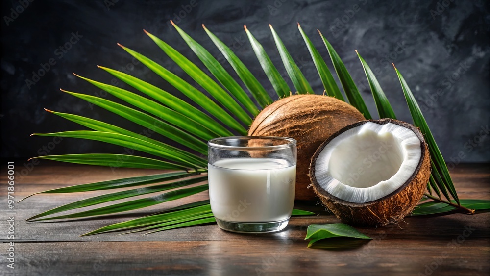 Coconut oil in a glass with a coconut and palm leaves on a dark table, with a coconut on the side Coconut oil in a glass with a coconut and palm leaves on a dark table, with a coconut on the side