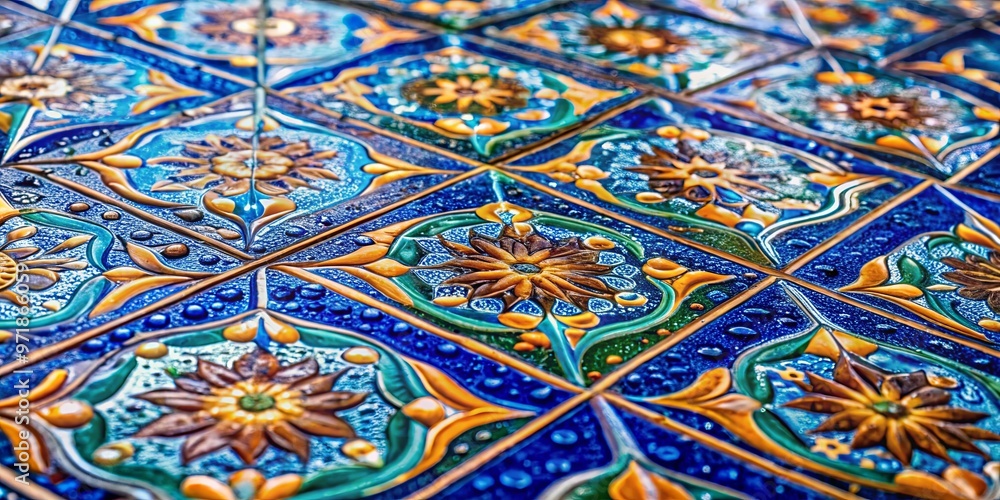 A vibrant macro shot of water droplets on intricate tile patterns A vibrant macro shot of water droplets on intricate tile patterns