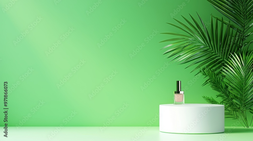 Green Background with White Podium and Palm Leaves for Product Display Green Background with White Podium and Palm Leaves for Product Display