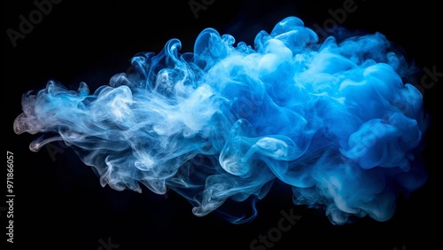 A dynamic blue cloud of smoke floating in the air against a black backdrop