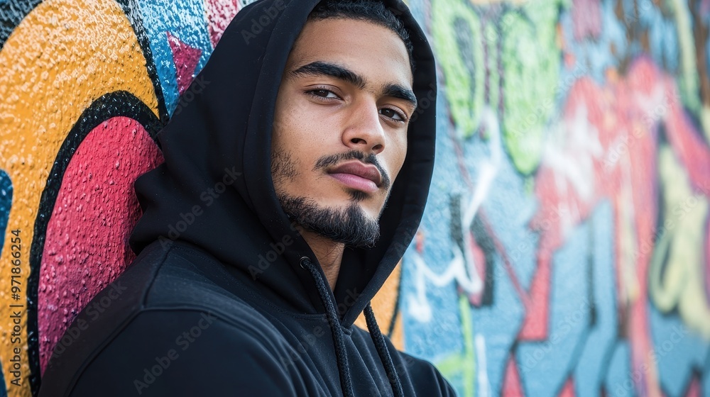 Young Man in Hoodie Against Colorful Graffiti Wall Young Man in Hoodie Against Colorful Graffiti Wall