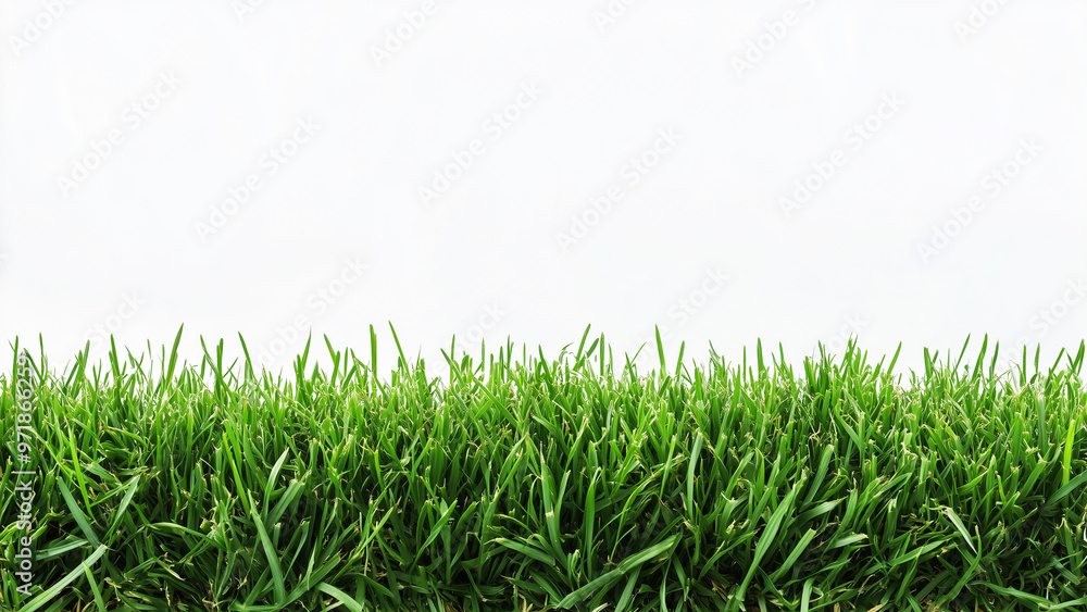 Fototapeta premium Vibrant Green Strip: Lush, Evenly Trimmed Grass on White Background