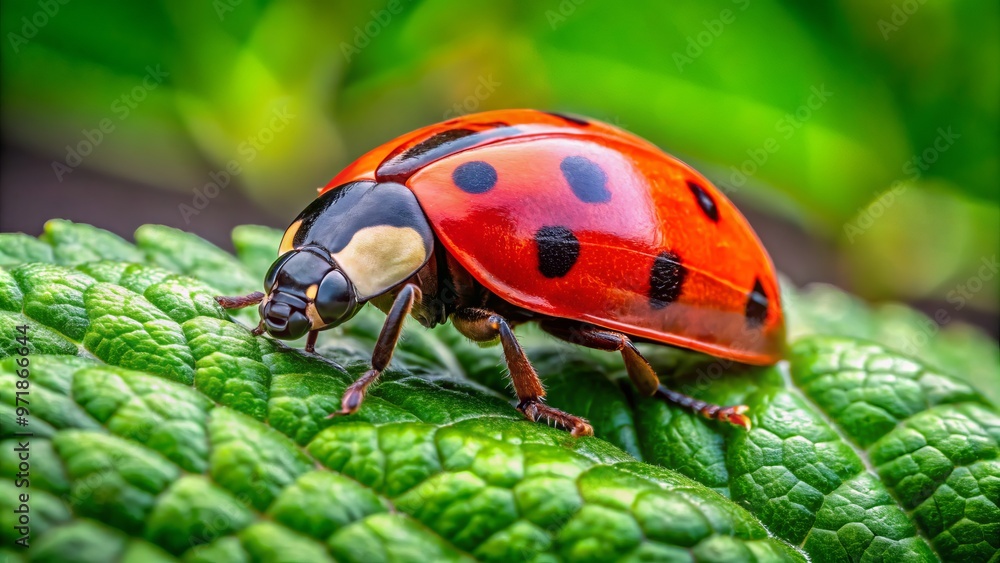 Naklejka premium On a latticework of green veins, a fiery red and black ladybug poses, its body a masterpiece of