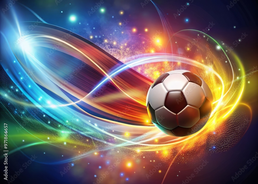 Obraz premium A vibrant, stylized illustration of a football in mid-air, surrounded by dynamic swirls of light and color, evoking