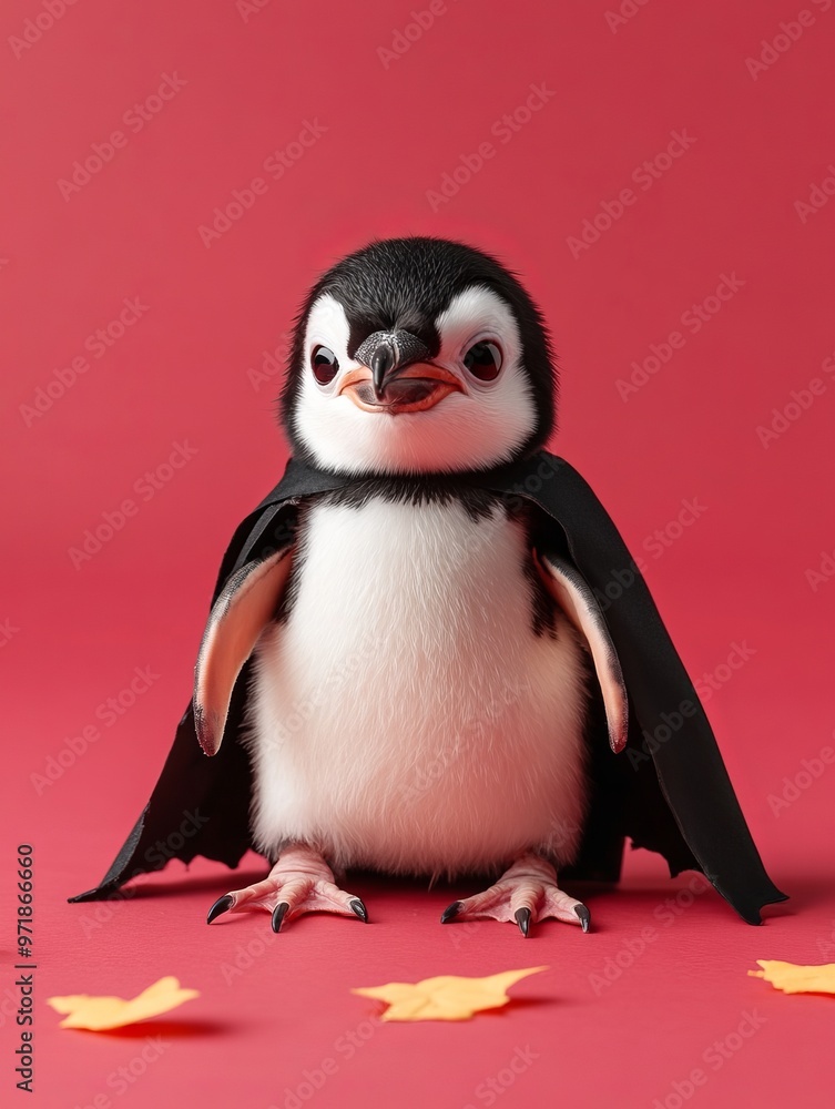 Fototapeta premium A cute penguin dressed in a cape poses playfully against a vibrant red background, surrounded by colorful decorations.