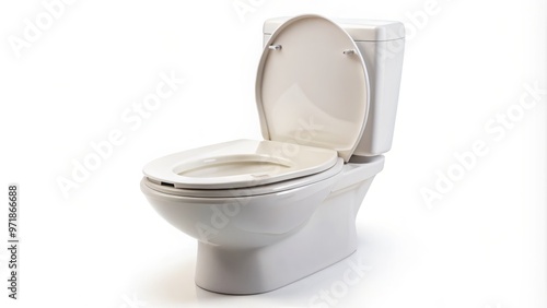 On a stark white backdrop, a modern toilet's lid rests open, the seat pushed upward, exposing the bowl's photo