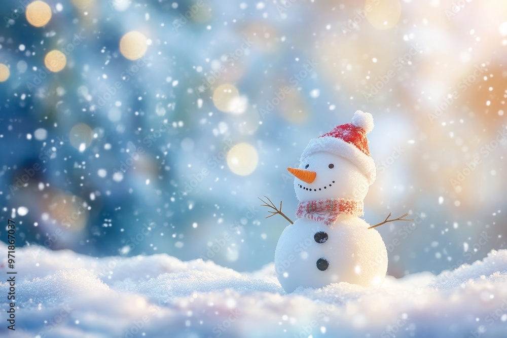 Charming snowman stands in a winter wonderland with gentle snowfall and festive holiday spirit during Christmas and New Year celebrations Charming snowman stands in a winter wonderland with gentle snowfall and festive holiday spirit during Christmas and New Year celebrations