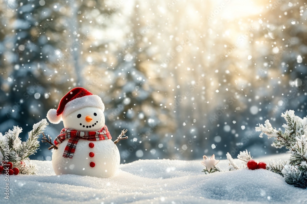 Cheerful snowman in a snowy landscape surrounded by festive cheer, welcoming Christmas and the New Year with a winter wonderland vibe Cheerful snowman in a snowy landscape surrounded by festive cheer, welcoming Christmas and the New Year with a winter wonderland vibe