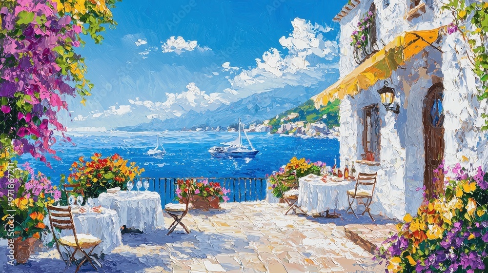 Fototapeta premium Romantic Mediterranean Terrace with Sea View and Sailboats
