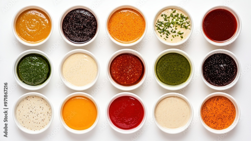 Variety of Dipping Sauces in White Bowls on White Background Variety of Dipping Sauces in White Bowls on White Background