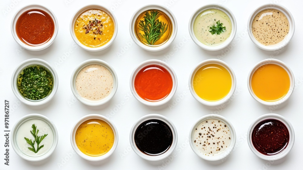 Variety of Dipping Sauces in Bowls on White Background Variety of Dipping Sauces in Bowls on White Background