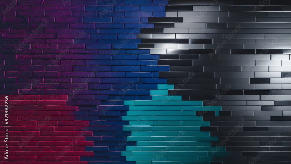Black brick wall background rough concrete with neon lights and glowing lights. Black brick wall background rough concrete with neon lights and glowing lights.