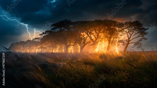 Lightning illuminates stormy tree silhouettes.