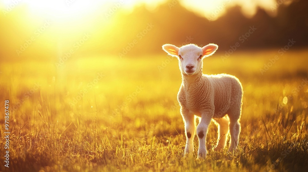Adorable Lamb Standing in Glowing Pastoral Field at Sunset Adorable Lamb Standing in Glowing Pastoral Field at Sunset