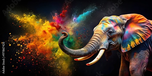 A colorful elephant with paint splatters on its face and trunk, reaching out its trunk in front of a black background with orange and yellow spots