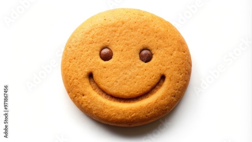 A warm, golden-brown cookie with a smile, designed as a symbol or emblem, sits on a clean white