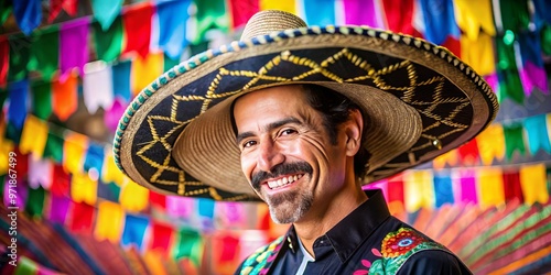 A warm-smiled, dark-haired, mustachioed man in a traditional embroidered shirt and sombrero, standing against a vibrant photo