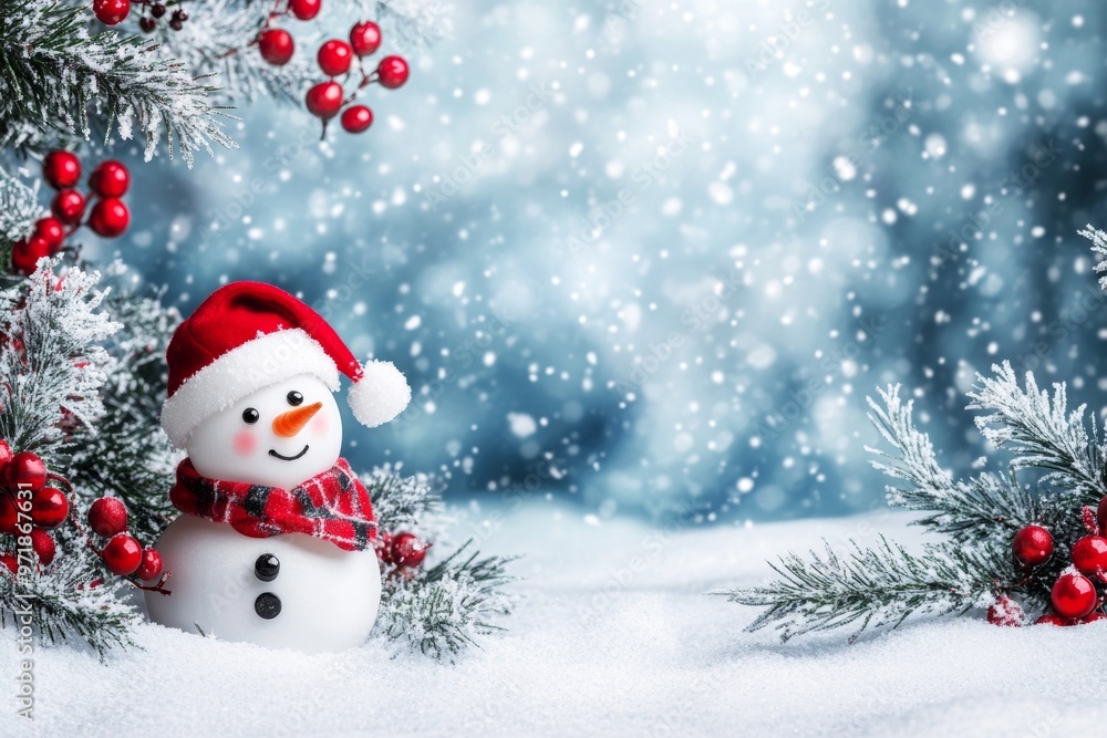 A cheerful snowman wearing a red hat stands amidst snowy ground and evergreen branches during a winter Christmas celebration A cheerful snowman wearing a red hat stands amidst snowy ground and evergreen branches during a winter Christmas celebration