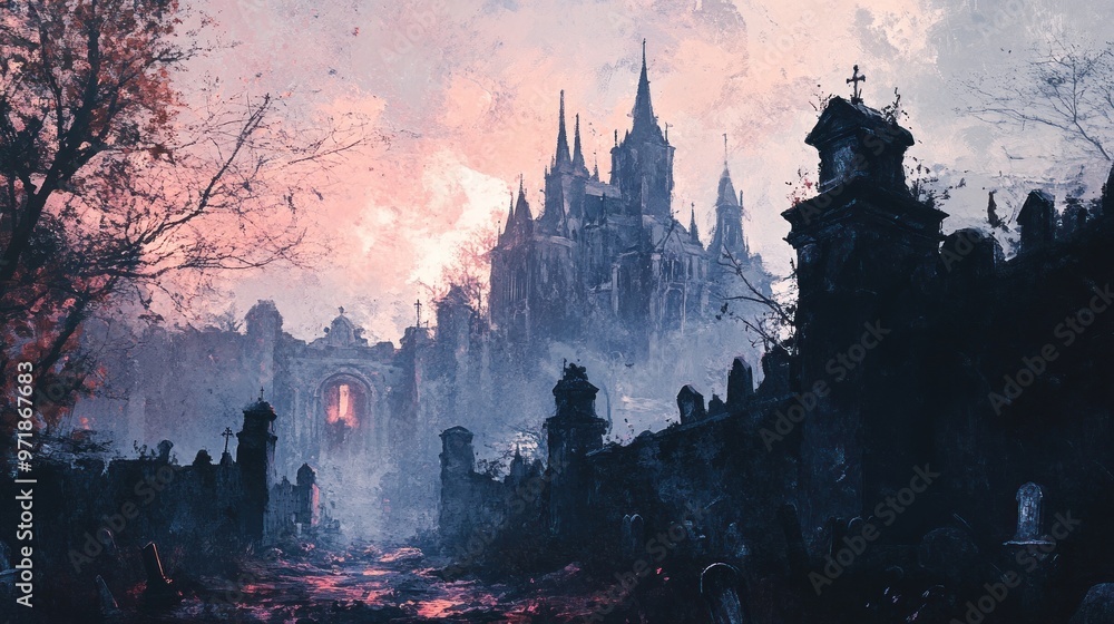 Fototapeta premium Creepy ancient castle scene with graveyard, digital illustration