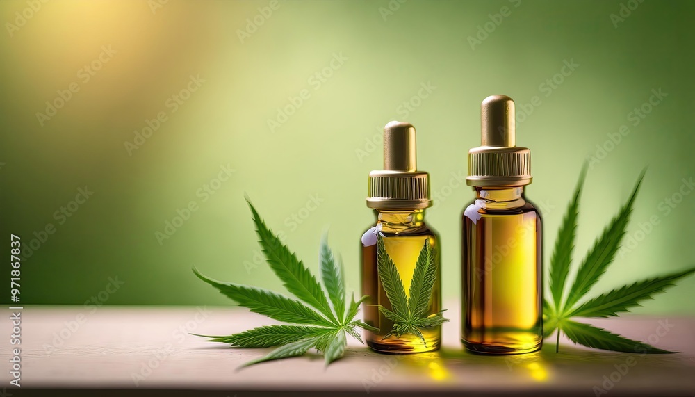 vials with CBD oil and hemp leaf on a light green background vials with CBD oil and hemp leaf on a light green background