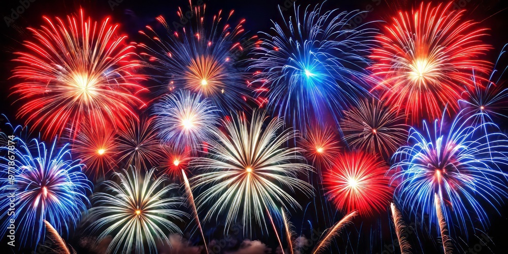Red, white, and blue fireworks burst forth against a dark night sky, illuminating Independence Day celebrations. Red, white, and blue fireworks burst forth against a dark night sky, illuminating Independence Day celebrations.