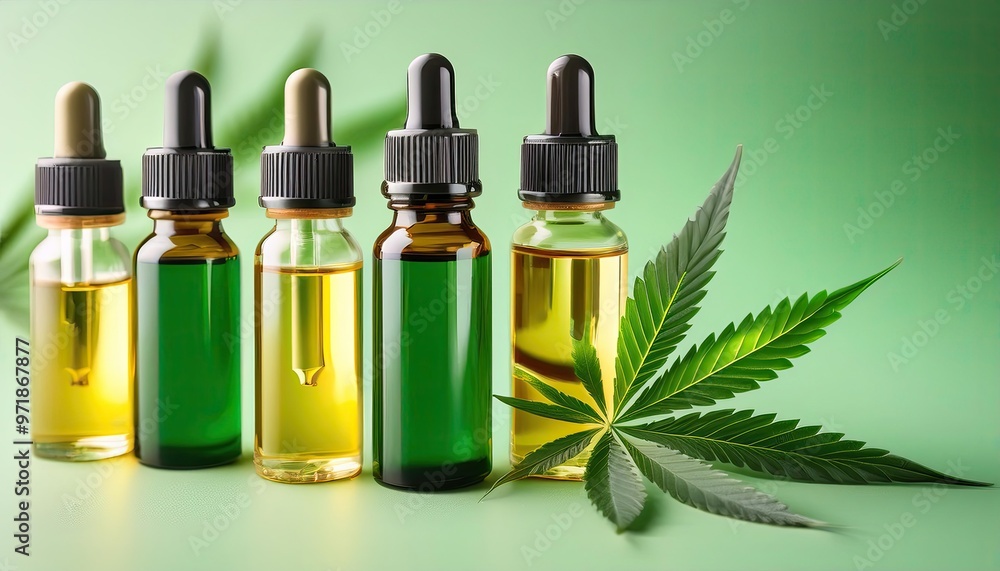 vials with CBD oil and hemp leaf on a light green background vials with CBD oil and hemp leaf on a light green background
