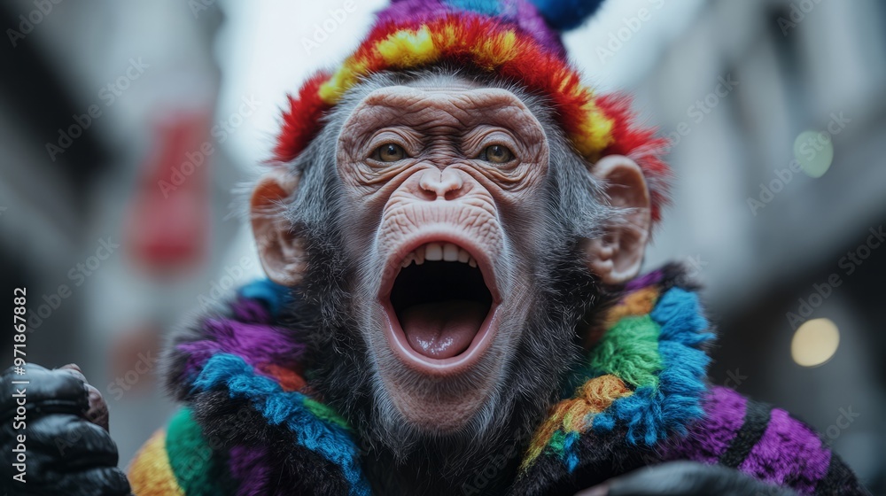 A vibrant monkey in a colorful costume displays an exciting expression, capturing attention in a lively urban setting. A vibrant monkey in a colorful costume displays an exciting expression, capturing attention in a lively urban setting.