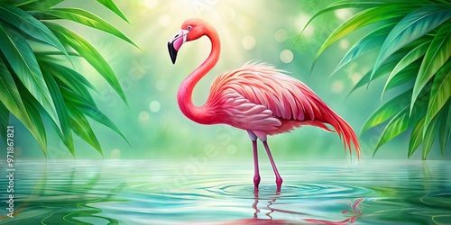 A whimsical, hand-drawn flamingo illustration with vibrant pink feathers, long neck, and curly legs stands amidst lush photo