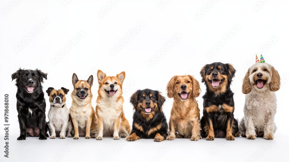 Diverse Canine Companions Sitting in a Studio Setting Diverse Canine Companions Sitting in a Studio Setting