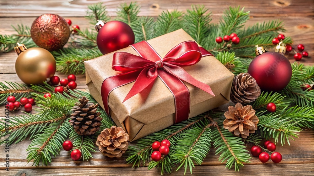 Festively wrapped gift with Merry Xmas decoration, fir branches, baubles, pinecones, and ornaments from above Festively wrapped gift with Merry Xmas decoration, fir branches, baubles, pinecones, and ornaments from above