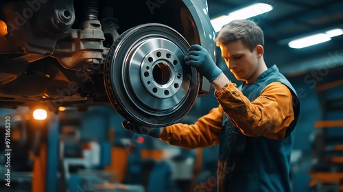 Mechanic works on car brakes in a garage.