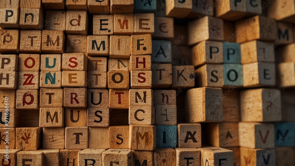Wooden letter blocks arranged to form various word configurations Wooden letter blocks arranged to form various word configurations